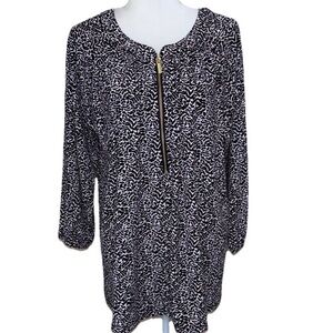 PLUS MICHAEL KORS BLOUSE TOP STRETCH BLACK IVORY LEAF VINE PATTERN GOLD ZIPPER